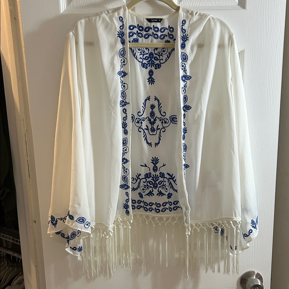White Kimono with Blue Embroidery and Fringe